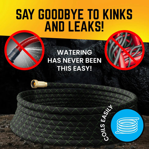 Non-Expandable 75 Feet Stainless Steel Garden Hose With Durable Fabric Skin, coiled with leak-proof metal connection.