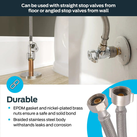 16 Inch Stainless Steel Braided Toilet Water Supply Line With 7/8 Inch Ballcock Outlet And 1/2 Inch FIP Inlet installation view