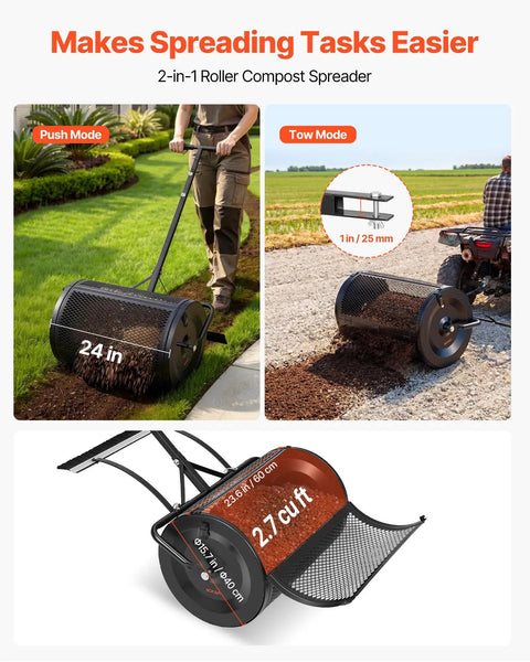 Walk Behind Or Towable Compost Spreader With 24 Inch Spreading Width Four Height Adjustable Push And Tow Handle