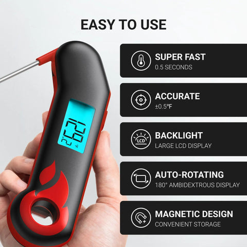 Instant Read Meat Thermometer With 0.5 Second Fast Reading, NIST Certified Accuracy 0.5F, IP67 Waterproof, black and red