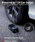 Cordless Tire Inflator With Gauge On The Go Mini Air Compressor Dual Power 12V connected to car tire and outlet
