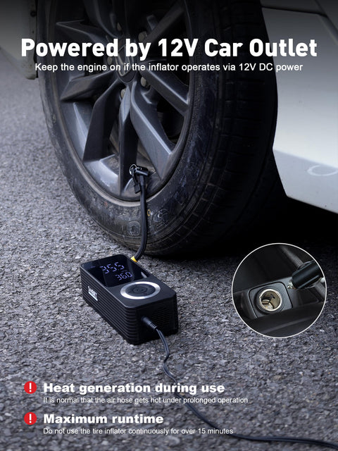 Cordless Tire Inflator With Gauge On The Go Mini Air Compressor Dual Power 12V connected to car tire and outlet