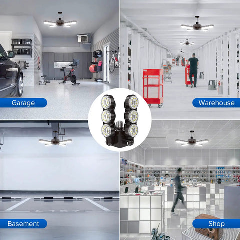 Ultra Bright 60W LED Garage Light With Four Adjustable Panels 6000 Lumens Daylight 5000K E26 Base in garage, warehouse, basement, shop