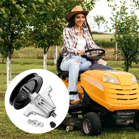 Bulletproof Blade Spindle Assembly Fits Craftsman Cub Cadet Troy Bilt 42 Inch Riding Lawn Mower Deck shown with mounting hardware.