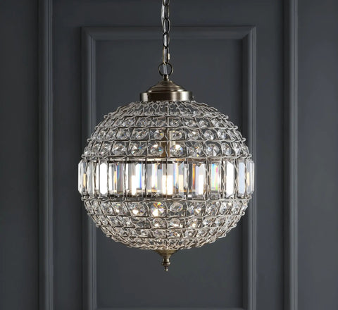 Antique Brass Crystal LED Pendant Light With Clear Glam Globe Shade, showing 16 inch chandelier detail against grey wall.