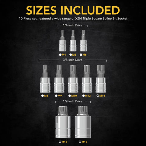 XZN Triple Square Spline Bit Socket Set 10 Piece M4 To M18 European Style Pro Grade S2 Alloy Steel drive sizes shown