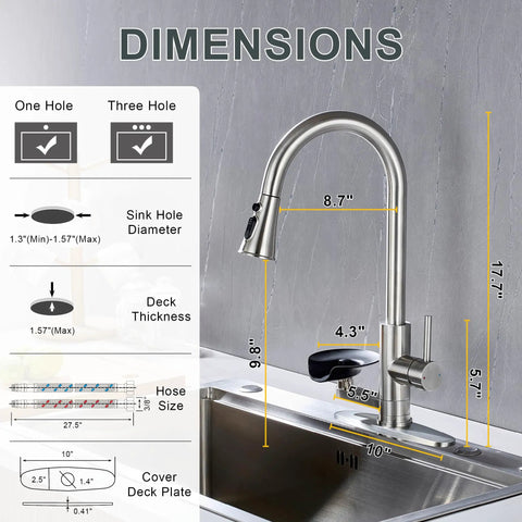 Dimensions of DEOLER Kitchen Faucets with Glass Rinser Single Handle High Arc Kitchen Sink Faucet with Pull Out Sprayer.