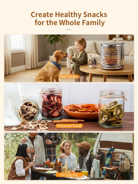 No Fuss Big Batch Stainless Steel Food Dehydrator With 10 Removable Racks And True 360 Rotating Drum for easy pet treats and food preservation.