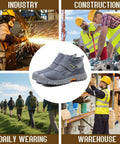 Collage image of welding, construction, daily wearing, warehouse work with Welding Work Boots for Men With Steel Toe Safety and Slip On Comfort