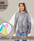 Child wearing clear poncho from Kids Rain Ponchos Pack Of 20 Disposable With Hood, Emergency Outdoor Gear For Rainy Days, 42 x 60 in.