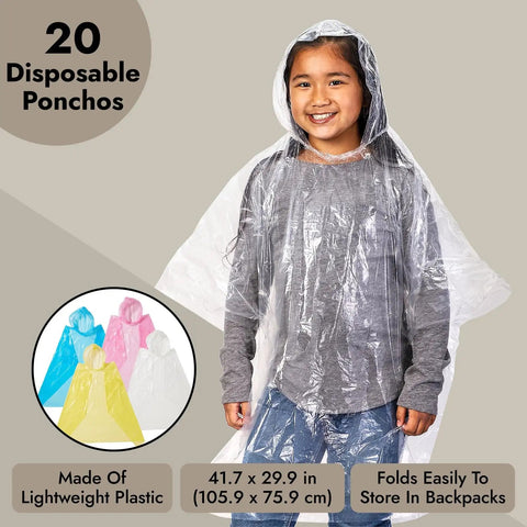 Child wearing clear poncho from Kids Rain Ponchos Pack Of 20 Disposable With Hood, Emergency Outdoor Gear For Rainy Days, 42 x 60 in.