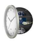 10 Inch Wall Clock Safe With Hidden Shelf Storage, showing open compartment with jewelry, cash, cards, clock visible, battery operated