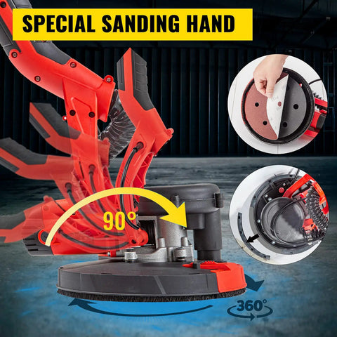 Drywall Sander Workhorse 750W with foldable handle and sanding pad shown at 90-degree angle for versatile use