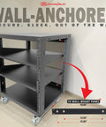 Killer 12U Open Frame 19 Inch Rack With Smooth Locking Casters And Dual Adjustable Shelves side view with wall-mount panel