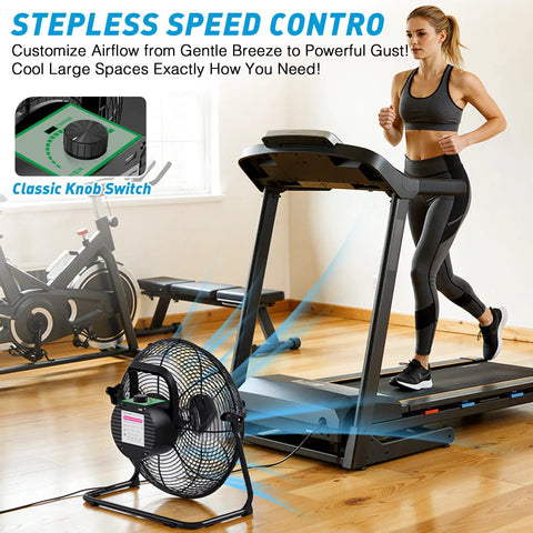 18 Inch Solar Powered Outdoor Fan With 40W Panel And 30000mAh Battery placed near a treadmill in a gym