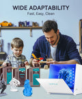 Father and son using Dope Resin UV Curing Box Plus With 405nm UV LEDs for curing 3D prints, toys and packages in foreground.