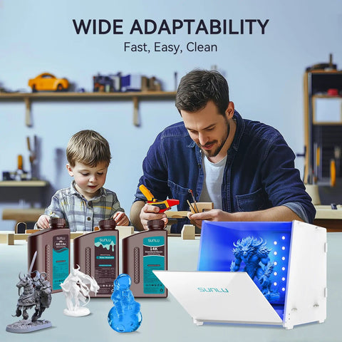 Father and son using Dope Resin UV Curing Box Plus With 405nm UV LEDs for curing 3D prints, toys and packages in foreground.