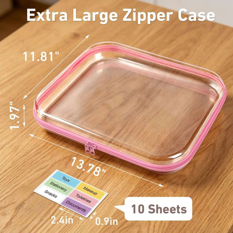 Rock Solid Clear Hard Shell Zippered Storage Cases With Name Tags 3 Pack Top Tier Durable Plastic Tote, Extra Large 13.78" x 11.81" in pink.