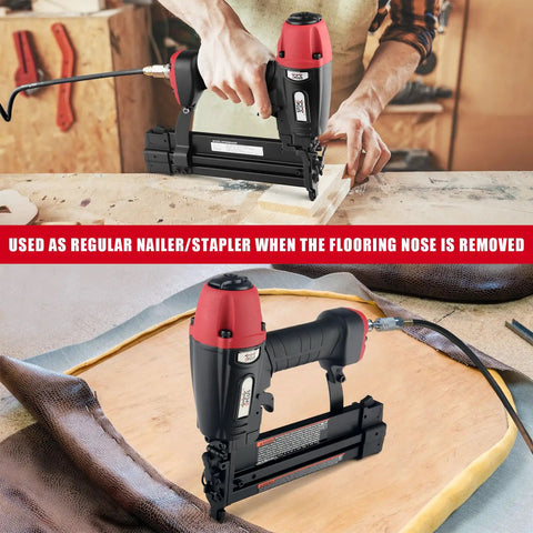 4 In 1 Pneumatic 18 Gauge Flooring Stapler Nailer For Hardwood Engineered And Solid in use and displayed on a workbench