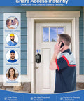 Hassle Free Keyless Entry Door Lock With Glowing Backlit Keypad And Smart Bluetooth App Control In Classy Matte Black Finish used by a delivery driver at a front door.