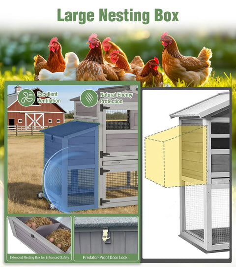 Mobile Chicken Coop With Run Wheels And Waterproof Cover Removable Iron Tray Large Nesting Box Ventilated Sliding Window