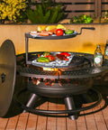 36 Inch Outdoor Fire Pit With Dual Grills And Lid, Wood Burning BBQ Pit For Backyard Deck Or Patio, 3 In 1 Fire Table, Black, nighttime