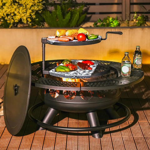 36 Inch Outdoor Fire Pit With Dual Grills And Lid, Wood Burning BBQ Pit For Backyard Deck Or Patio, 3 In 1 Fire Table, Black, nighttime