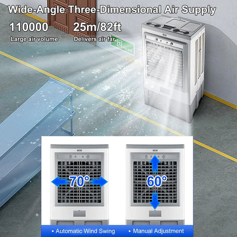 Heavy Duty Industrial Evaporative Air Cooler With 90L Water Tank, showcasing wide-angle air supply in an industrial setting.