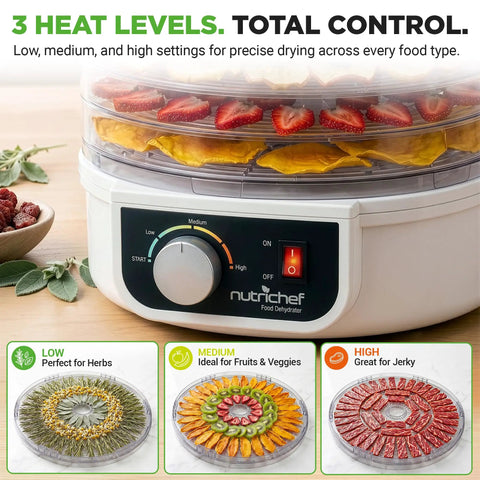 Slick Electric Countertop Food Dehydrator With Five Stackable Trays showing sliced fruits and herbs, with adjustable heat settings.