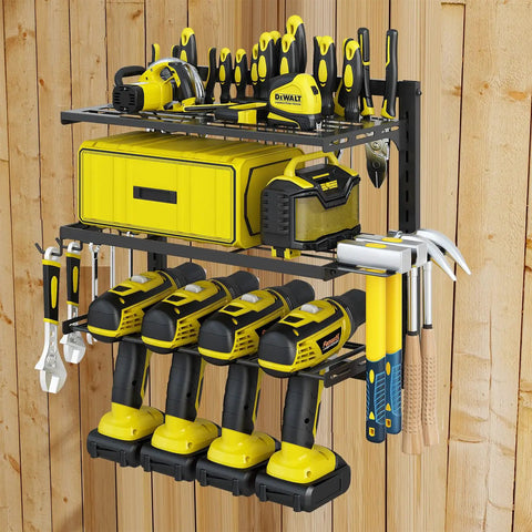 Beast Mode Power Tool Organizer Wall Mount For Garage with 3 adjustable metal shelves, storing cordless drills and hand tools