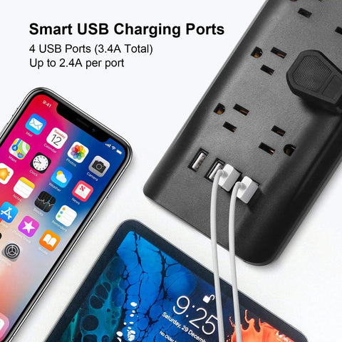 Two Prong To Three Prong Power Strip With 6 Ft Extension Cord, 700J Surge Protector, 4 USB Ports, charging smartphone and tablet