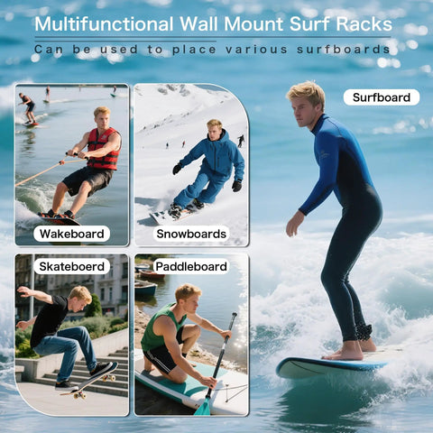 Rugged Wood Surfboard Wall Rack For Indoor Or Outdoor Use Mountable Surfboard Hanger, image of surfers and board types.
