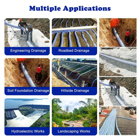 Image showing multiple applications of DIY Friendly Flexible 2 Inch Perforated Drain Pipe With Non Woven Fabric including engineering, roadbed, and hillside drainage.