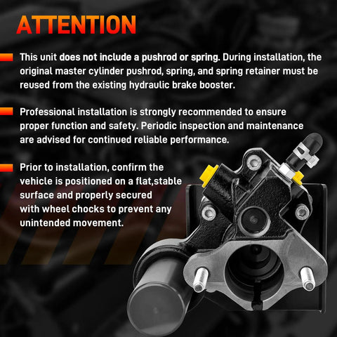 Beefed-Up Hydraulic Power Brake Booster For Ford Super Duty with installation notes and warning labels visible