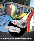 Two Pack M14 to M16 Heavy Duty Hydraulic Quick Connect Adapters for AGT Mini Excavator Hose showcased with equipment