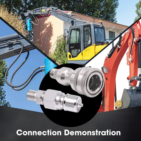 Two Pack M14 to M16 Heavy Duty Hydraulic Quick Connect Adapters for AGT Mini Excavator Hose showcased with equipment