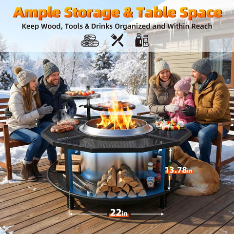 Family enjoying Outdoor Fire Pit Surround Table With 40 Inch Tabletop And 21 Inch Inner Ring That Fits Bonfire And Ranger on patio