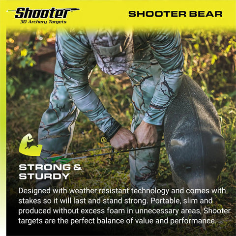 Bear 3D Archery Target For Realistic Practice, 375 FPS Rated, lifelike solid body design with archer setting up in outdoor area
