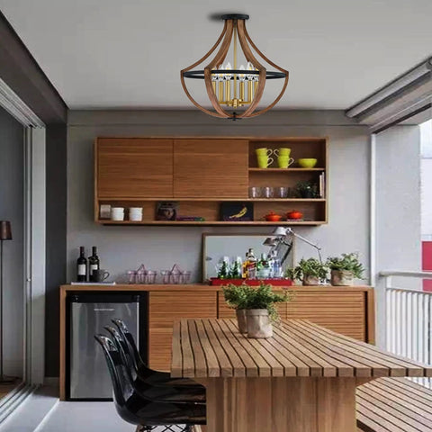 Gold 6 Light Rustic Semi Flush Mount Ceiling Fixture In Black Brown Finish Modern Farmhouse Style over kitchen area