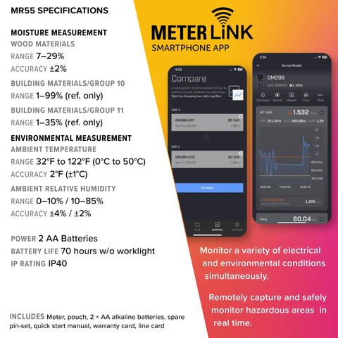 Pin Moisture Meter With Bluetooth For Instant Data Sharing Via Mobile App specifications and app interface.