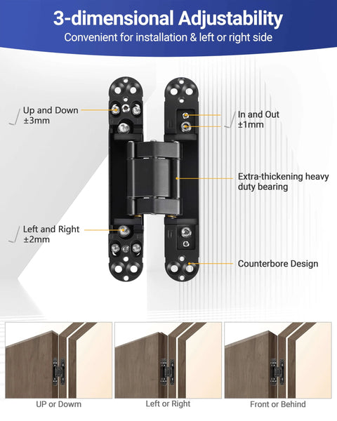 6 Inch Invisible Door Hinges For Doors 3D Adjustable 180 Degree Swing Heavy Duty Concealed Zinc Alloy 88 Lbs Load Capacity Per Pair Sleek Matte Black Finish 2 Pack By Polar Tangro front view