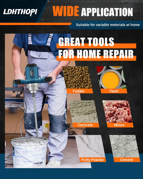 Person using Powerful 2300W Electric Cement Mixer Handheld With 6 Speed Settings, 110V for home repair mixing various materials