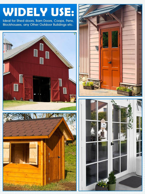 Heavy Duty Shed Door T Handle Lock Latch Kit use on barn, coop, blockhouses, and outdoor building doors, shown in varied structures.