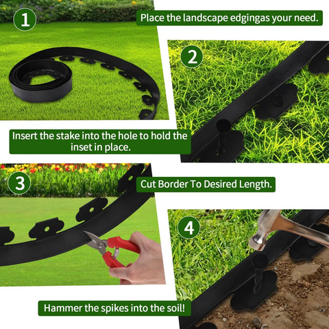 Instruction steps for No Dig Lawn Edging Kit 40 Ft Landscape Border with stakes installation in garden setting.