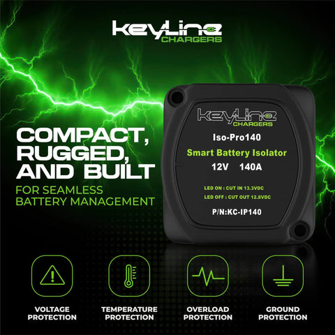 Compact 12V 140A smart battery isolator kit with voltage sensitive relay for dual battery setup, rugged design