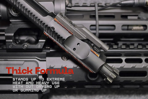 Close-up view of Heavy Duty High Viscosity Gun Oil For Extreme Temps, Reduces Wear, Protects Against Rust And Corrosion applied on firearms.