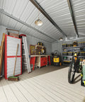 Interior of 10x12 Foot Outdoor Metal Storage Shed With Double Hinged Door And Lockable Access Sloped Roof Weatherproof Backyard Garden Storage
