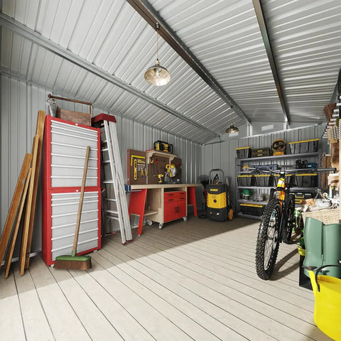 Interior of 10x12 Foot Outdoor Metal Storage Shed With Double Hinged Door And Lockable Access Sloped Roof Weatherproof Backyard Garden Storage