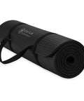 Killer 10mm Thick Yoga Mat With Big Time Cushioning Plush NBR Foam Joint Relief For Beginners Pilates Stretching Floor Workouts Includes Cinch Strap Black Exercise Equipment, rolled and secured with a strap.