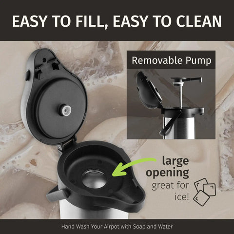 Insulated Stainless Steel Airpot Carafe With Pump 102oz 3L open lid showing large opening and removable pump detail.